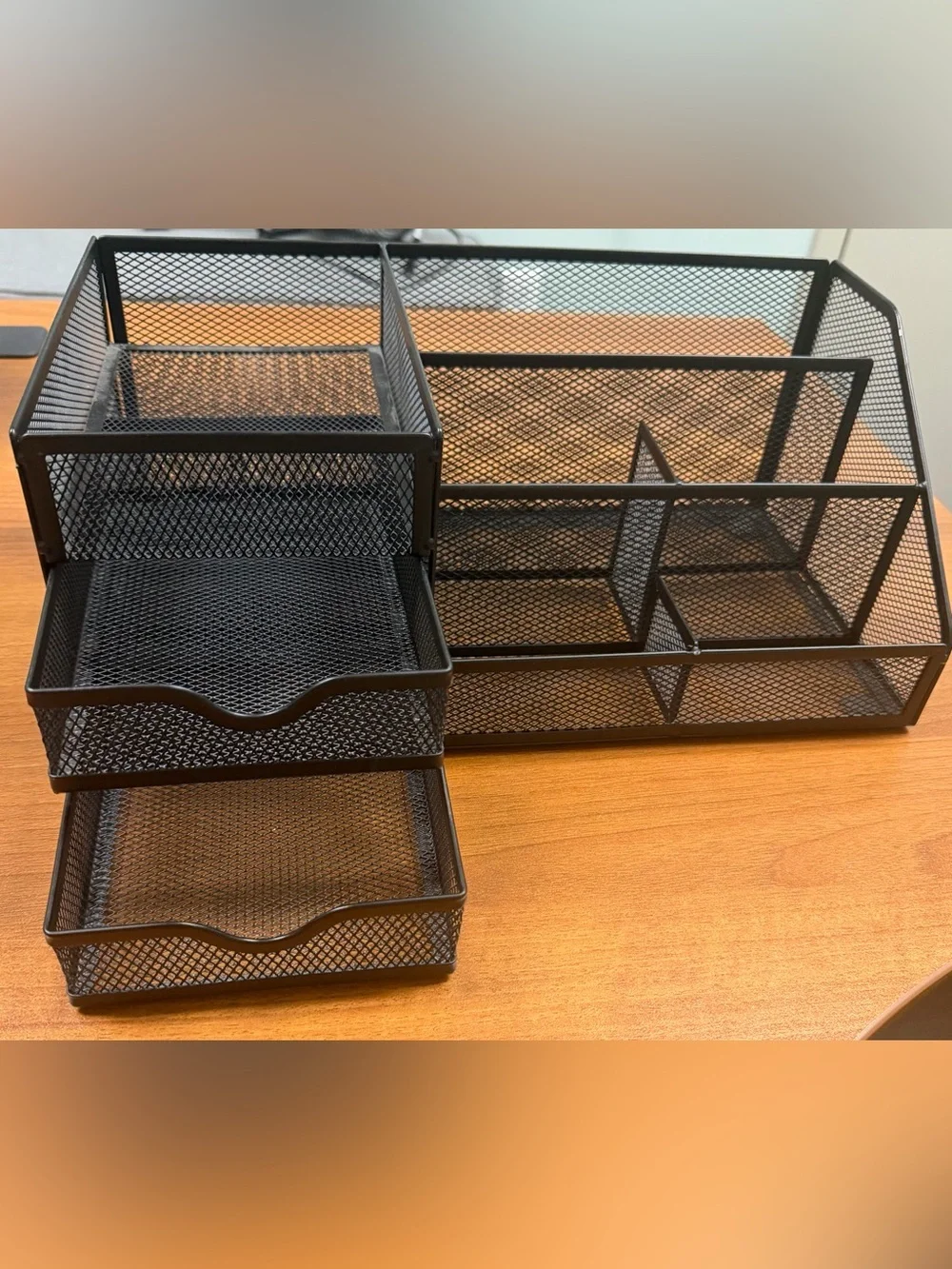 Black Metal Mesh Office Desktop Organizer with Drawers & Multiple Compartments